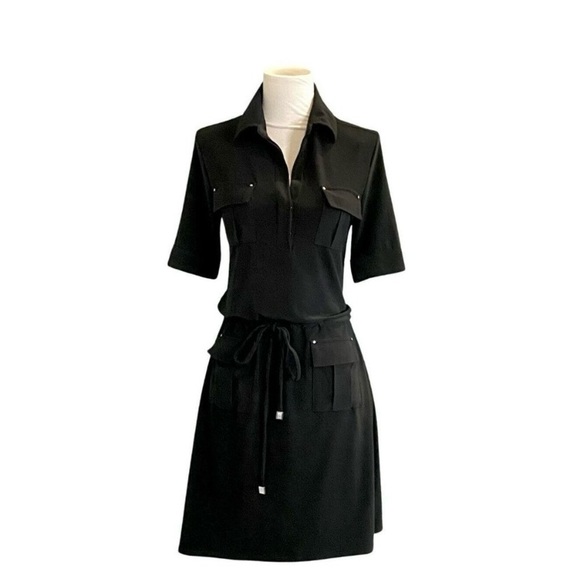 White House Black Market Short Sleeve Drawstring Waist Black Jersey Dress Size 4 - Picture 1 of 4